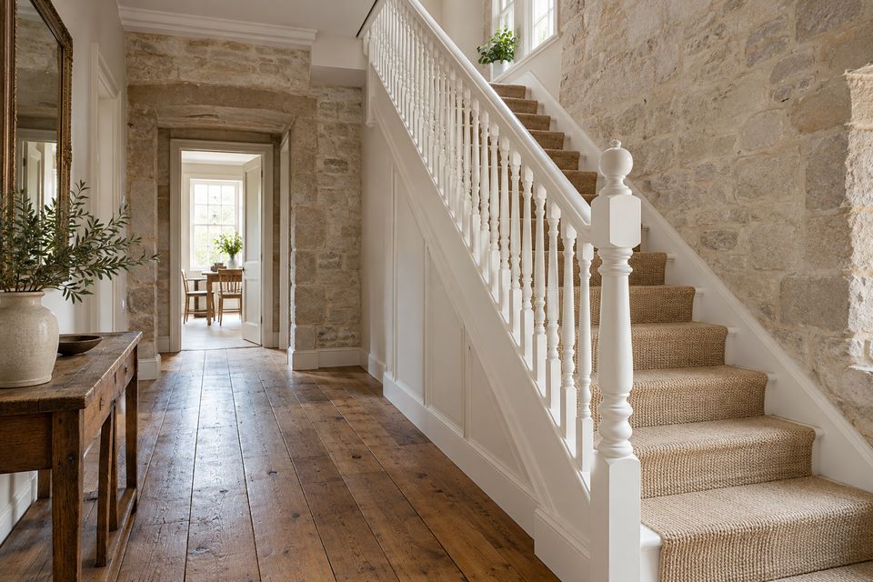 A freshly painted hallway and staircase with crisp white woodwork (illustrative)